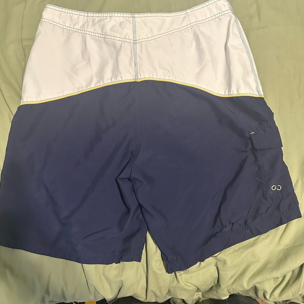 Corona Two-Tone Logo Swim Trunks in White, Navy & Yellow - Picture 2 of 8